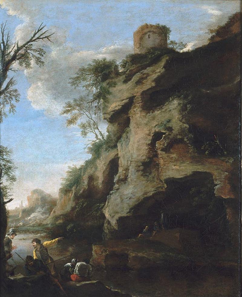 Salvator Rosa, Une côte rocheuse avec des soldats étudiant un plan (c. 1640) © Christ Church, Université d'Oxford