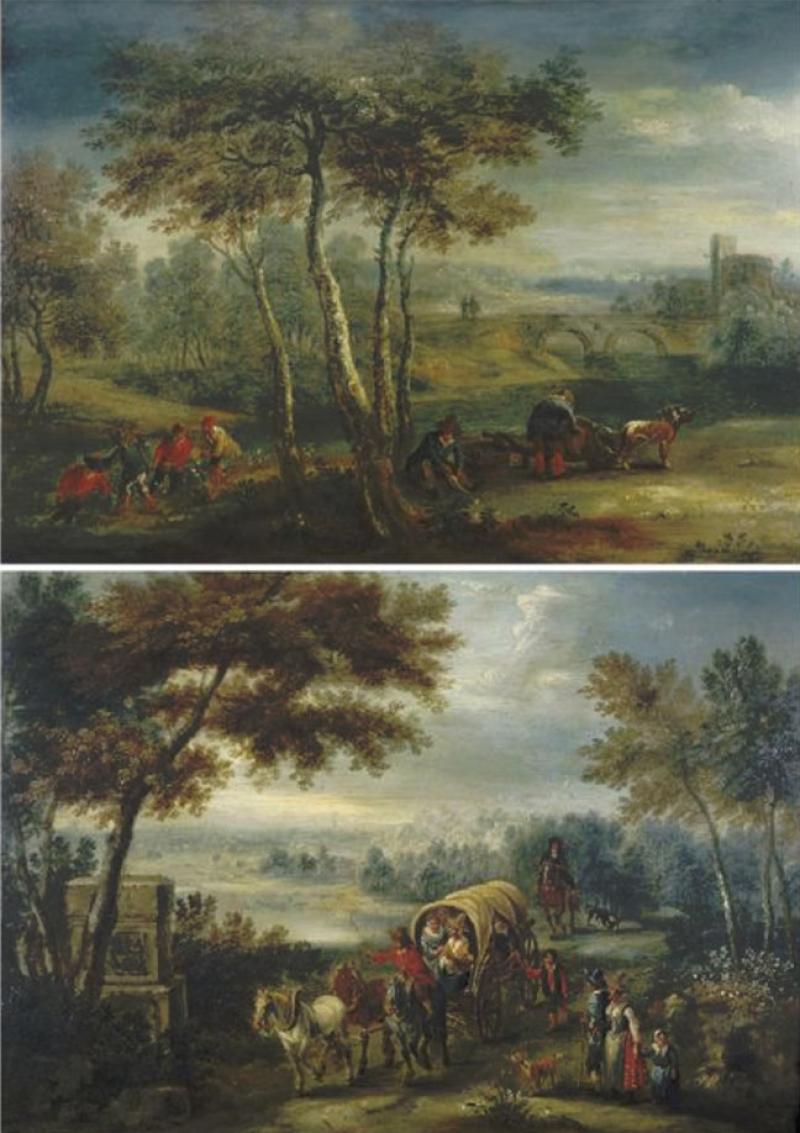Andrea Martin, Paysages animés, XVIIIe siècle, paire de panneaux de chêne, 29 x 42 cm. © Tajan