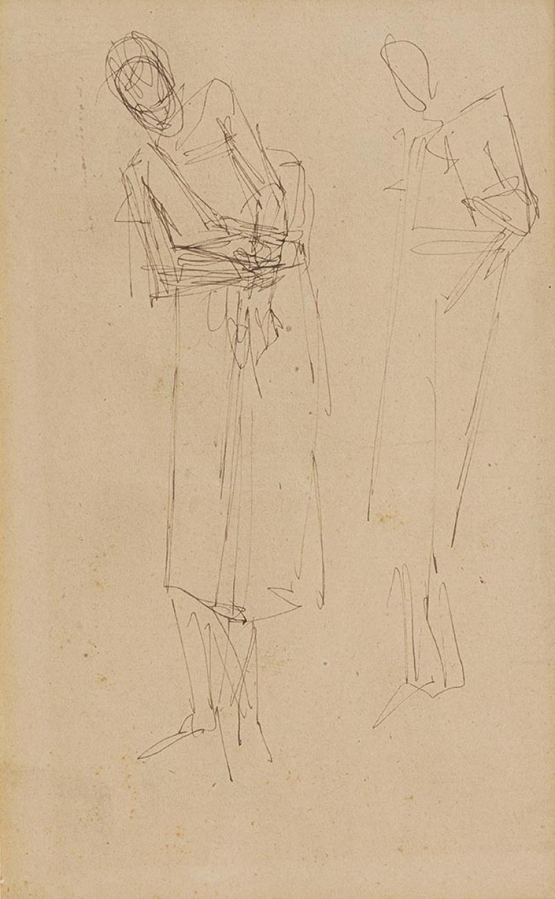 Auguste Rodin (1840-1917), Recto : deux silhouettes de femmes en pied, sans doute Thérèse Fontaine ; Verso: femme les bras au dessus de la tête et trace d’aquarelle violette, Plume et encre brune, 17,5 x 11 cm  © Photo Millon & associés