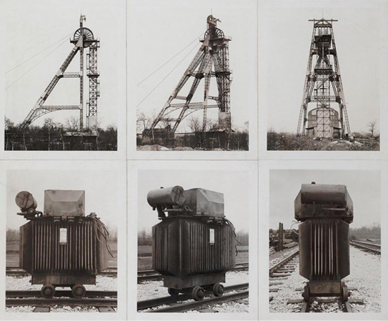 Bernd & Hilla Becher, Vergleich : Fördertum - Transformator, 1970, ensemble de 6 photographies noir & blanc contrecollées par l’artiste sur carton, 75 x 87 cm. © Pierre Bergé & Associés