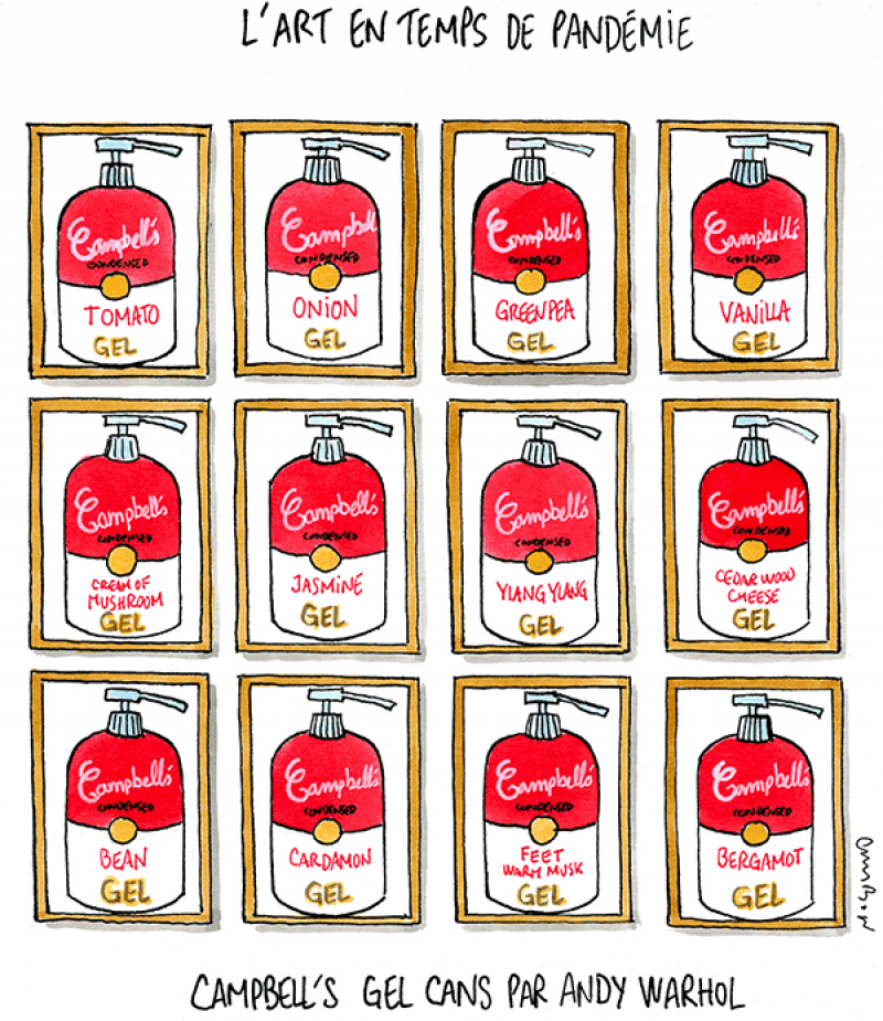 Dessin humour Michel Cambon : le Codiv-19 et Campbell's Soup Cans (1962) Andy Warhol
