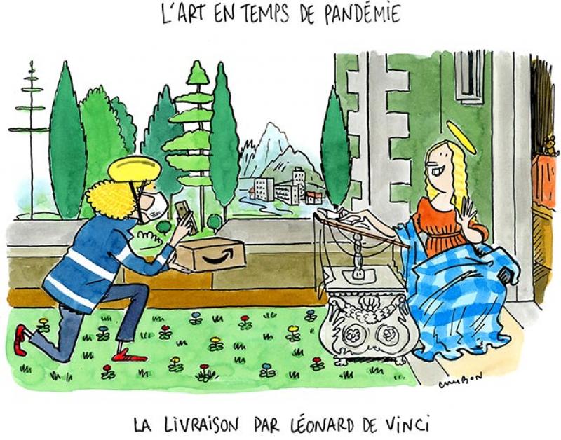 Dessin humour Michel Cambon : le Codiv-19 et L'Annonciation de Léonard de Vinci