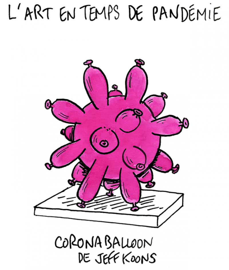 Dessin humour Michel Cambon : le Codiv-19 et Balloon Dog (1994-2000) de Jeff Koons