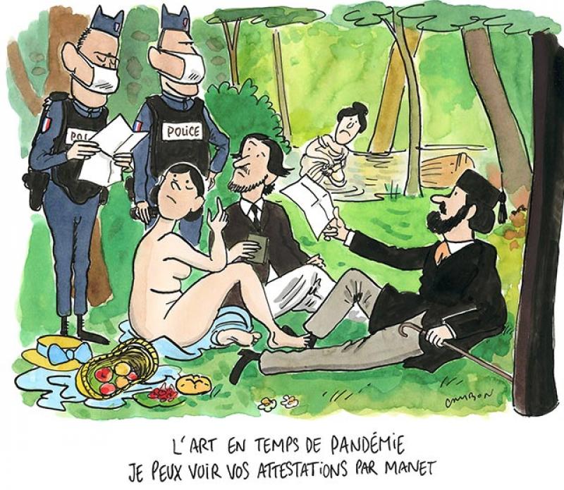 Dessin humour Michel Cambon : le Codiv-19 et Le Déjeuner sur l'herbe (1863) de Manet