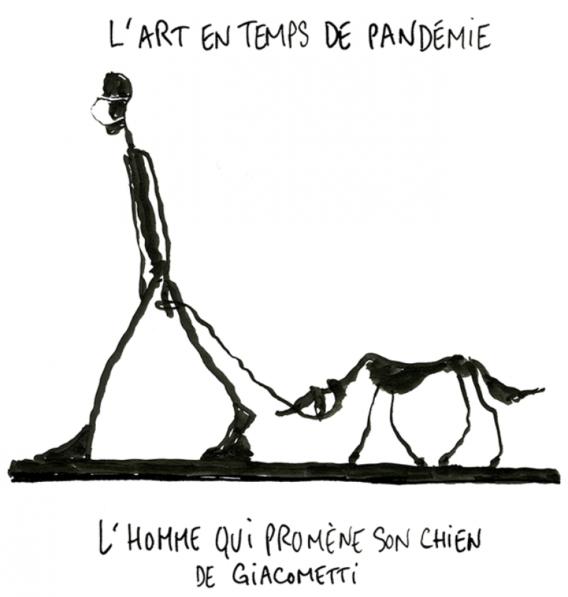 Dessin humour Michel Cambon : le Codiv-19 et L'Homme qui marche (1960) d'Alberto Giacometti