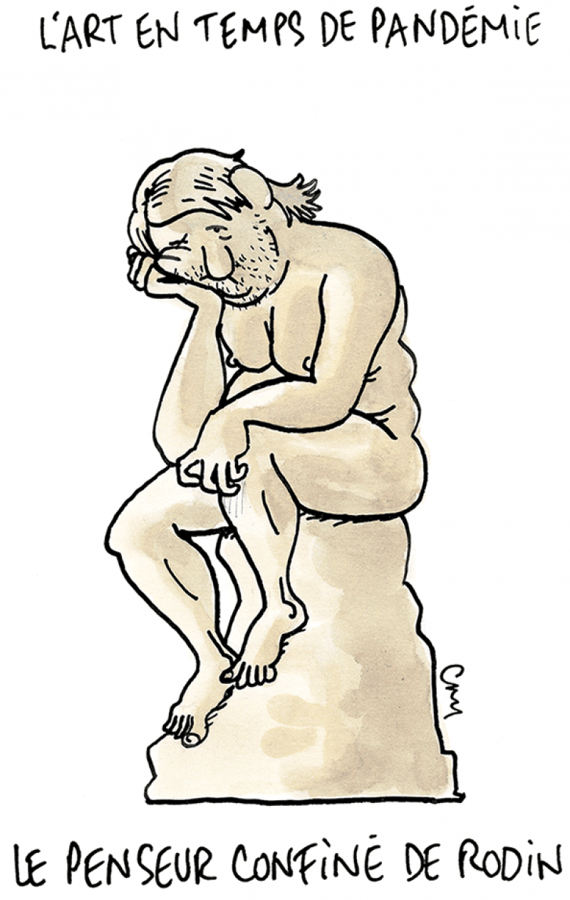 Dessin humour Michel Cambon : le Codiv-19 et Le Penseur (1880) de Rodin