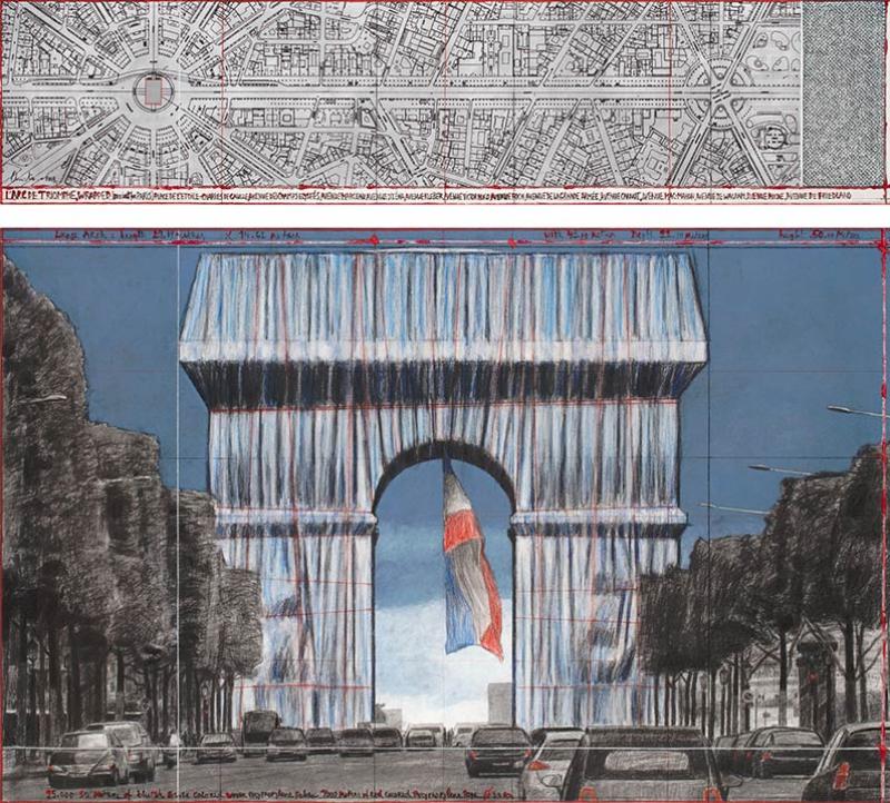 Christo, L'Arc de Triomphe empaqueté, 2019, 38 x 165 cm et 106.6 x 165 cm. © André Grossmann 