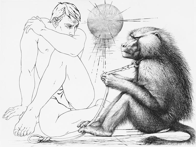 Pierre-Yves Trémois, L'homme au singe, 1967, burin et eau-forte © D.R  