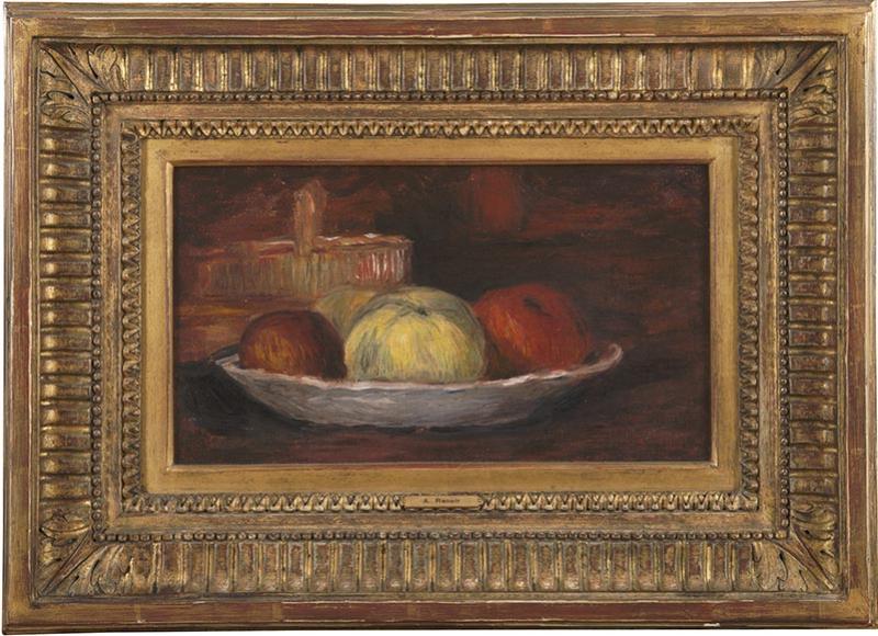 Pierre-Auguste Renoir, Pommes dans un plat et panier, vers 1900, huile sur toile, 18 x 32 cm. © Galerie Hélène Bailly, Paris