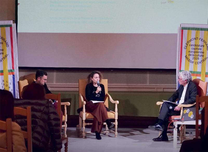 La 3e Conférence capitale. De g. à dr., Paul-Henry Dupuy, Camille Pène et Jean-Christophe Castelain à Brive-la-Gaillarde. © Clermont-Ferrand Massif central 2028, le 16 novembre 2021.