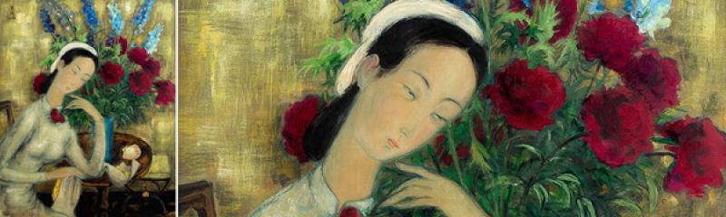 Le Pho (1907-2001), Jeune fille aux pivoines, circa 1945 (détail), Encre et couleurs sur soie © Aguttes