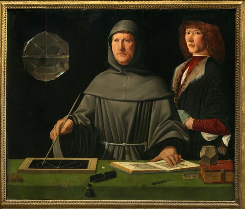Attribué à Jacopo de’Barbari, Portrait de Frère Luca Pacioli et d’un élève. Vers 1500. Huile sur bois, 99 x 120 cm. Museo e Real Bosco di Capodimonte. Courtesy del MIC-Ministero della Cultura, Museo e Real Bosco di Capodimonte 