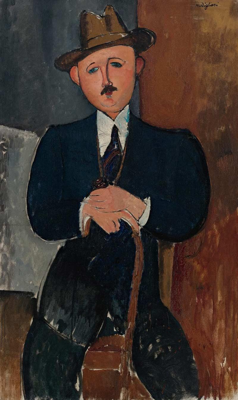 Amedeo Modigliani (1884-1920), Homme assis appuyé sur une canne, 1918, huile sur toile, collection particulière.