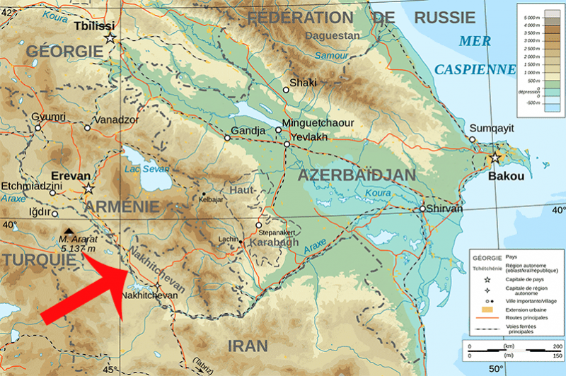 La République autonome du Nakhitchevan est séparée de l'Azerbaïdjan par l'Arménie. © Bourrichon - Licence GFDL
