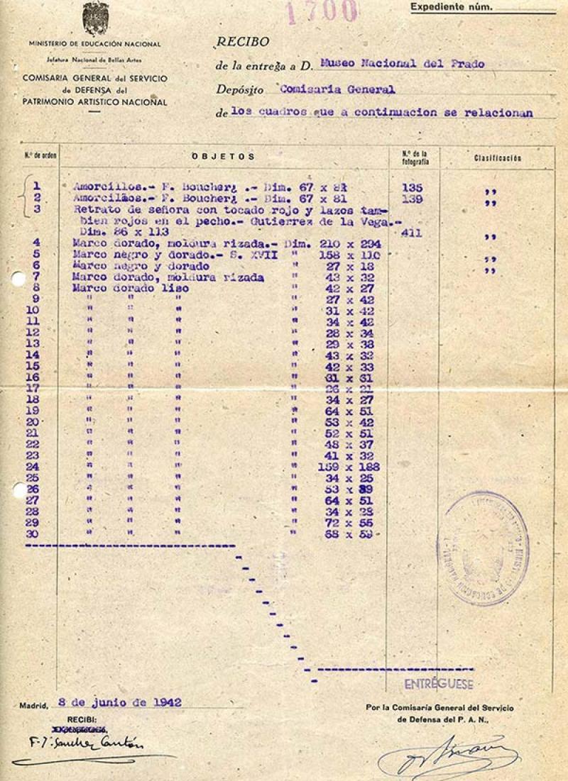 Liste d'œuvres déposées au Musée du Prado par le Service national de défense du patrimoine artistique, en juin 1942. © Musée du Prado