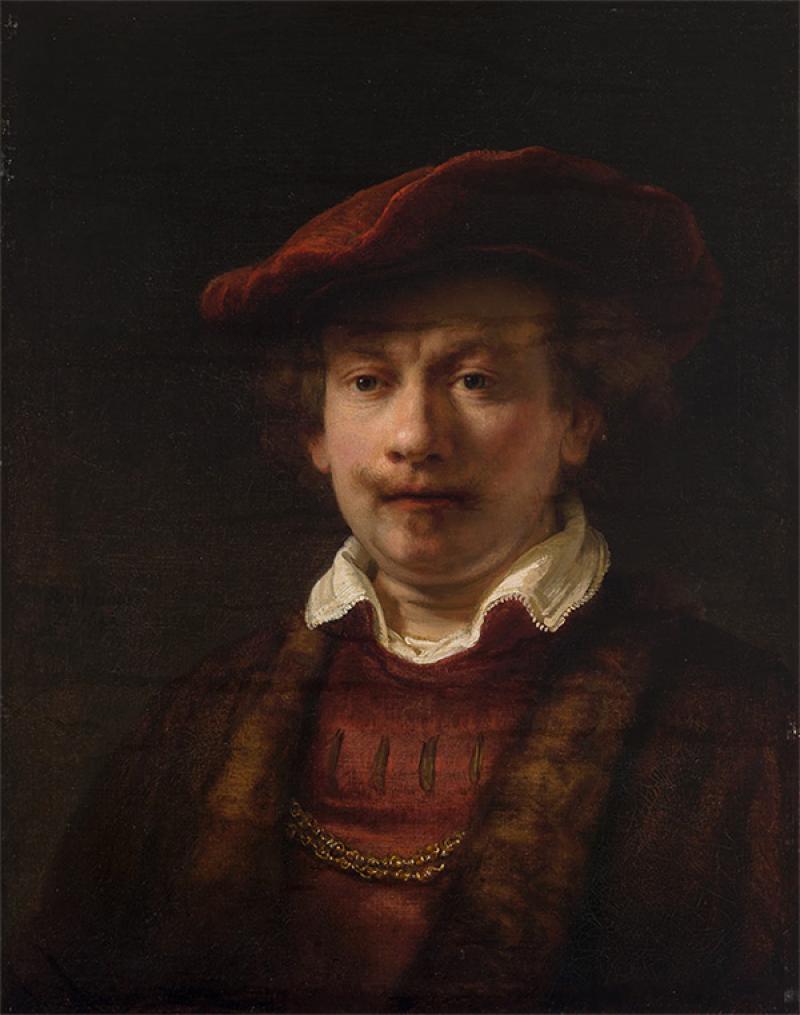 Rembrandt (1606-1669) ou Atelier, Autoportrait au béret rouge, 1643, 62,5 x 49,6 cm, huile sur toile, collection privée. © Escher in het Paleis