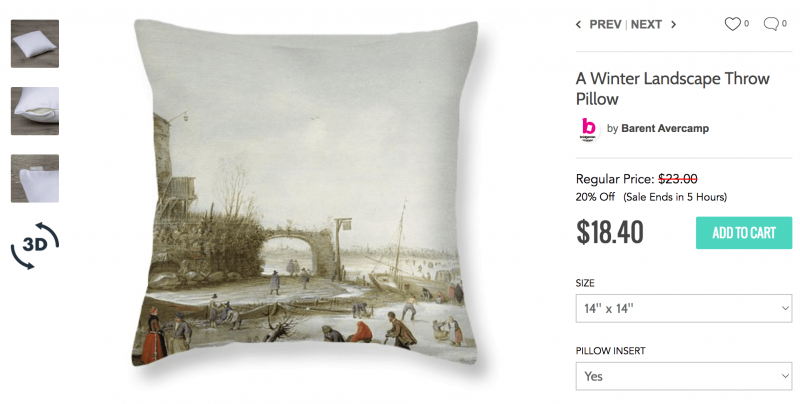 Coussin avec la reproduction du Paysage d'hiver attribuée à Barent Avercamp. © Pixels.com