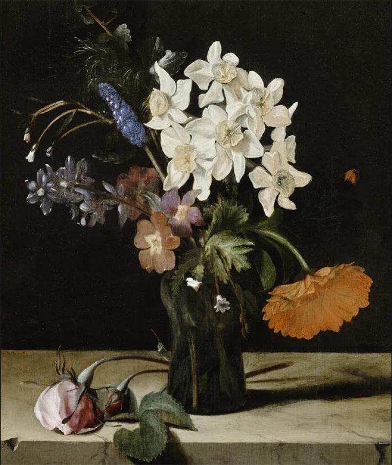 Dirck de Bray (1635-1694), Jonquilles ou Narcisses et autres fleurs dans un vase sur une dalle de marbre, 1673, 30,9 x 23,5 cm, huile sur panneau de chêne. © Kunsthaus Zurich