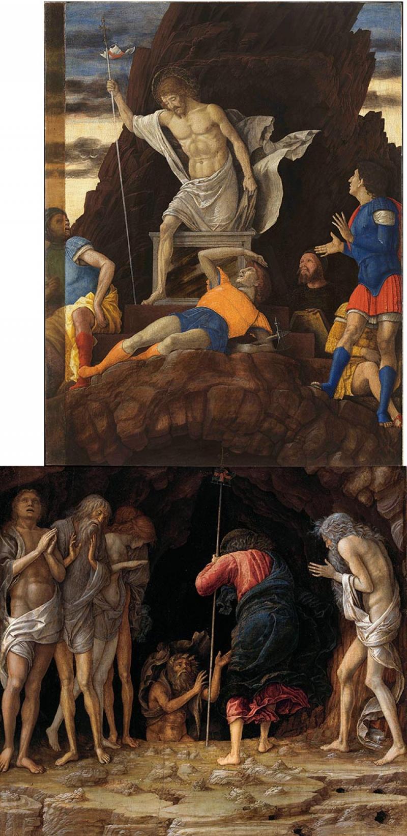 Andrea Mantegna (1431-1506), La résurrection du Christ (Accademia Carrara), au-dessus de La Descente aux limbes (coll. particulière) Courtesy Accademia Carrara, Bergame - Montage LeJournaldesArts.fr