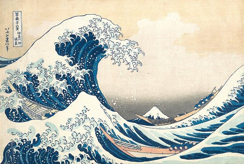 Katsushika Hokusai (1760-1849), La Grande Vague de Kanagawa, appelé aussi La Vague, c. 1831, estampe, 25,7 × 37,91 cm, collection Metropolitan Museum of Art. Domaine Public