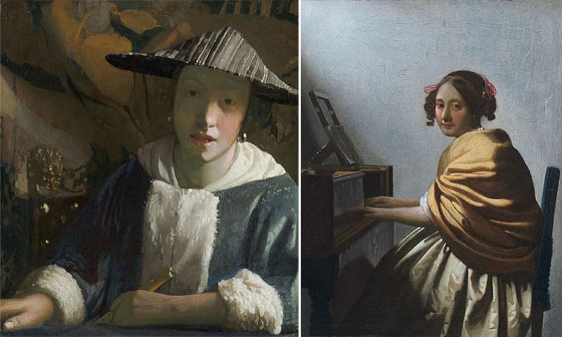 Attribués à Johannes Vermeer (1632-1675), La Jeune fille à la flûte (1665–1670), 20,2 × 18 cm, National Gallery of Art de Washington et Jeune femme assise au virginal (1670-1672), 25,5 x 20,1 cm, collection Thomas Kaplan