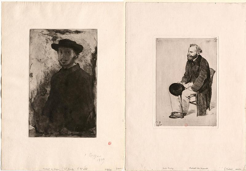Edgar Degas (1834-1917), Autoportrait, Eau-forte, 23 x 14,3 cm, 1857 etÉdouard Manet assis, tourné à gauche</em>, 16,3&nbsp;x 11,1&nbsp;cm, 1868, Bibliothèque de l'Institut National d'Histoire de l'Art, collections Jacques Doucet.