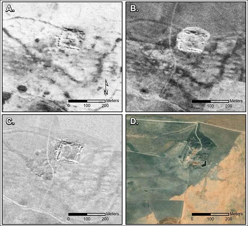A et B : images obtenues par le satellite CORONA en 1967 et 1968. C : image du satellite HEXAGON datant de 1974. D : image satellite moderne. © US Geological Survey.