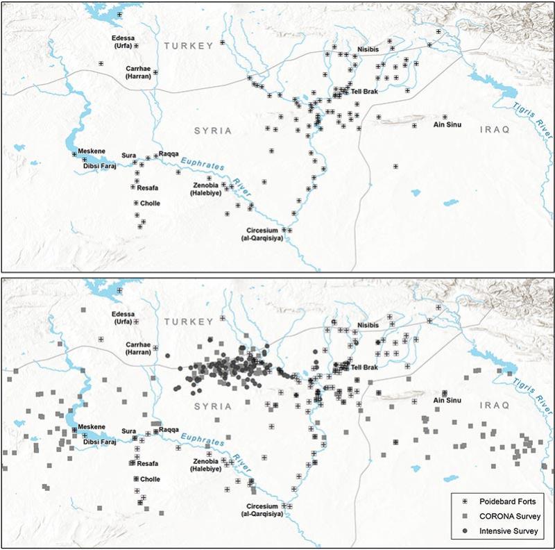 En haut, carte des forts répertoriés par Poidebard. En bas, les nouveaux forts identifiés par Jesse Casana, David D. Goodman et Carolin Ferwerda. © Cambridge University Press.