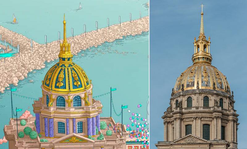 Détail de l'affiche officielle des Jeux Olympiques et Paralympiques de Paris 2024, illustrée par Ugo Gattoni / Le dôme des Invalides © Photo DXR - BY-SA 3.0