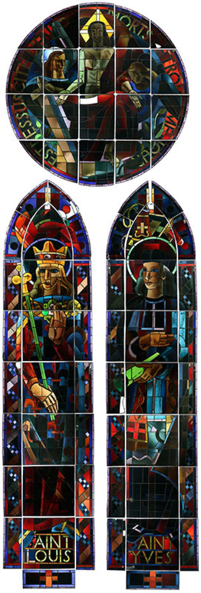 Vitrail : André Rinuy, saint Louis, saint Yves, rose du Credo, vers 1937, Paris, DRAC Île-de-France. © Flavie Serrière Vincent-Petit