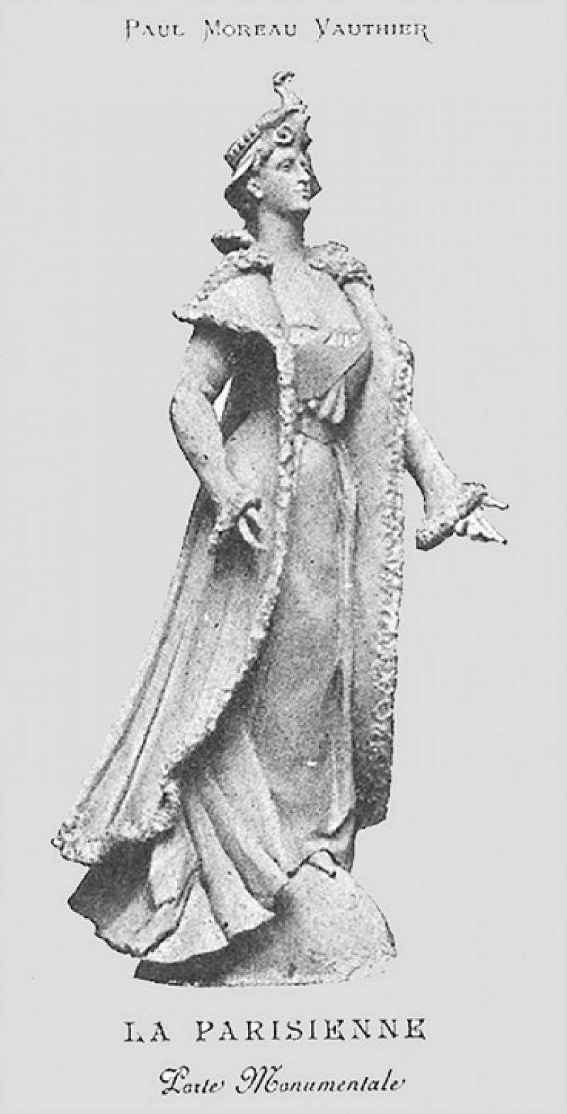 La Parisienne de Paul Moreau-Vauthier (1871-1936) fut brièvement installée sur la porte monumentale de l'Entrée principale de l'Exposition Universelle de 1900 avant d'être retirée et vendue à un ferrailleur.