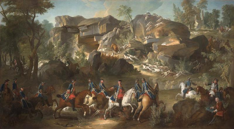 Jean-Baptiste Oudry (1686-1755), Cerf aux abois dans les rochers de Franchard, forêt de Fontainebleau, 1738, 352 x 667 cm. © RMN-GP / SP/ Château de Fontainebleau / Thierry Ollivier