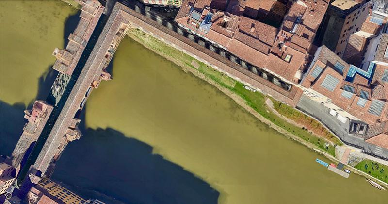 Vue aérienne du Corridor de Vasari au-dessus de l'Arno à Florence. © Uffizi
