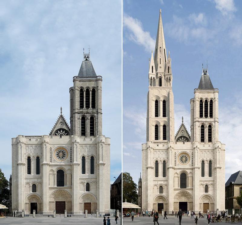 La basilique de Saint-Denis sans sa flèche et la reconstitution 3D avec la flèche. © Suivez la Flèche
