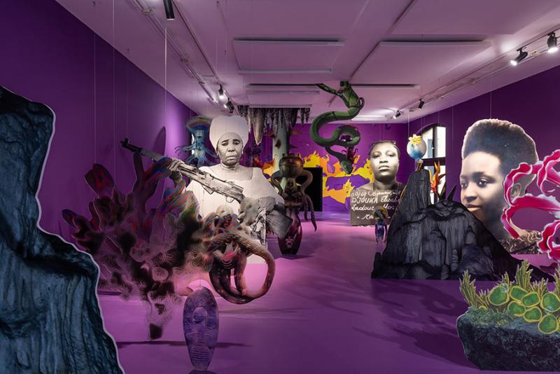 Josèfa Ntjam, Sanctuaire des pluies anciennes, 2025, vue de l’exposition à l’Institut d'art contemporain de Villeurbanne (IAC). © Ivan Erofeev © Adagp Paris 2025