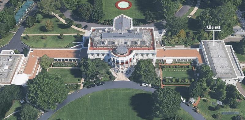 Vue aérienne de la Maison Blanche montrant l'aile Est sur la droite de l'image. © Google Earth