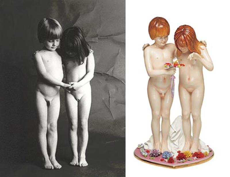 Jean-François Bauret (1932-2014), <em>Enfants (1975)</em>, photographie - Jeff Koons, <em>Naked</em> (1988), porcelaine, 115,6 x 68,6 x 68,6 cm, édition de 3 EA 