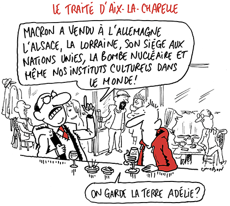 dessin Michel Cambon : Macron et le traité d'Aix-la-Chapelle
