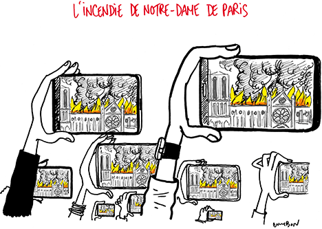 Dessin Michel Cambon : L'incendie de Notre-Dame de Paris