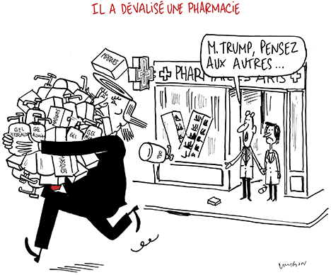 Michel Cambon - Dessin Humour : Covid-19 / Coronavirus - Trump dévalise une pharmacie