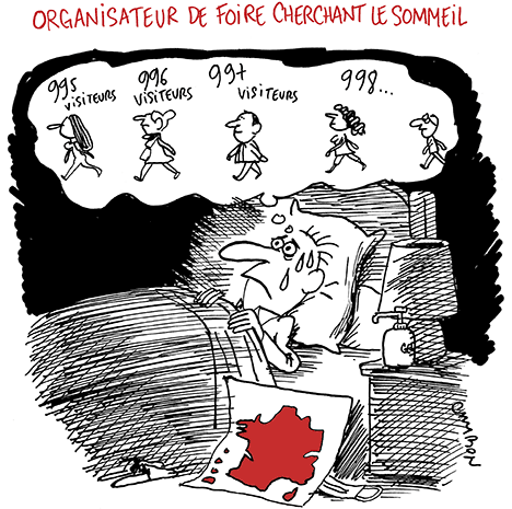 = Dessin Humour - Michel Cambon : Organisateur de foire cherchant le sommeil 