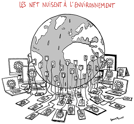 Dessin Humour : Les NFT nuisent à l’environnement © Michel Cambon 2021
