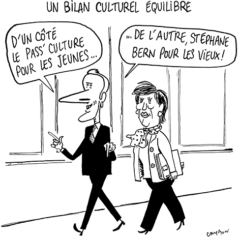 Dessin Humour : Emmanuel Macron, un bilan culturel équilibré 2017-2021 © Michel Cambon 2021