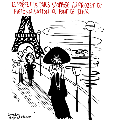 Dessin Humour : Le préfet de Paris s’oppose au projet de piétonnisation du pont d’Iéna : le projet One de la Tour Eiffel © Michel Cambon 2022