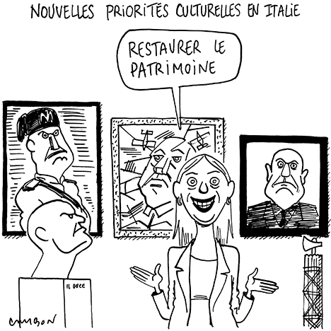 Dessin Humour : Nouvelles priorités culturelles en Italie © Michel Cambon 2022