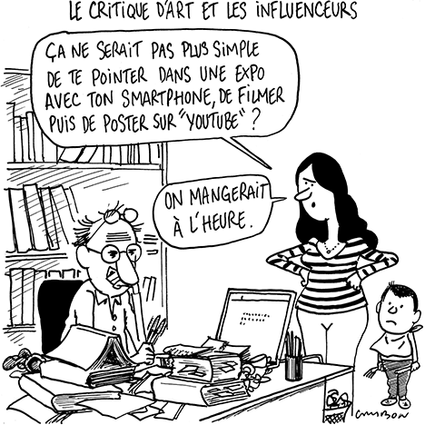 Dessin Humour : Le critique d’art et les influenceurs © Michel Cambon 2023