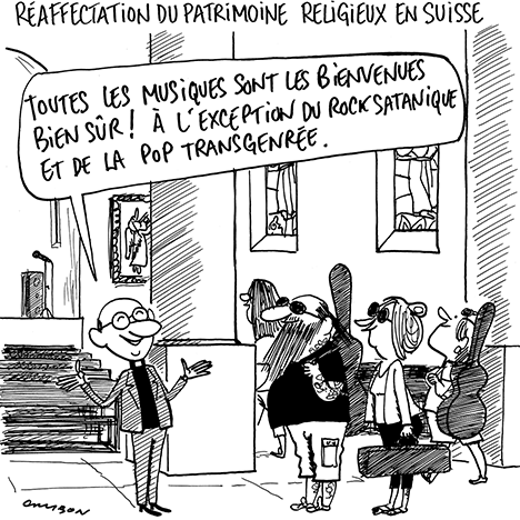 Dessin Humour : Réaffectation du patrimoine religieux en Suisse © Michel Cambon 2023